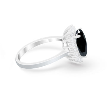 Floral Halo Oval Wedding Ring Simulated Black CZ 925 Sterling Silver